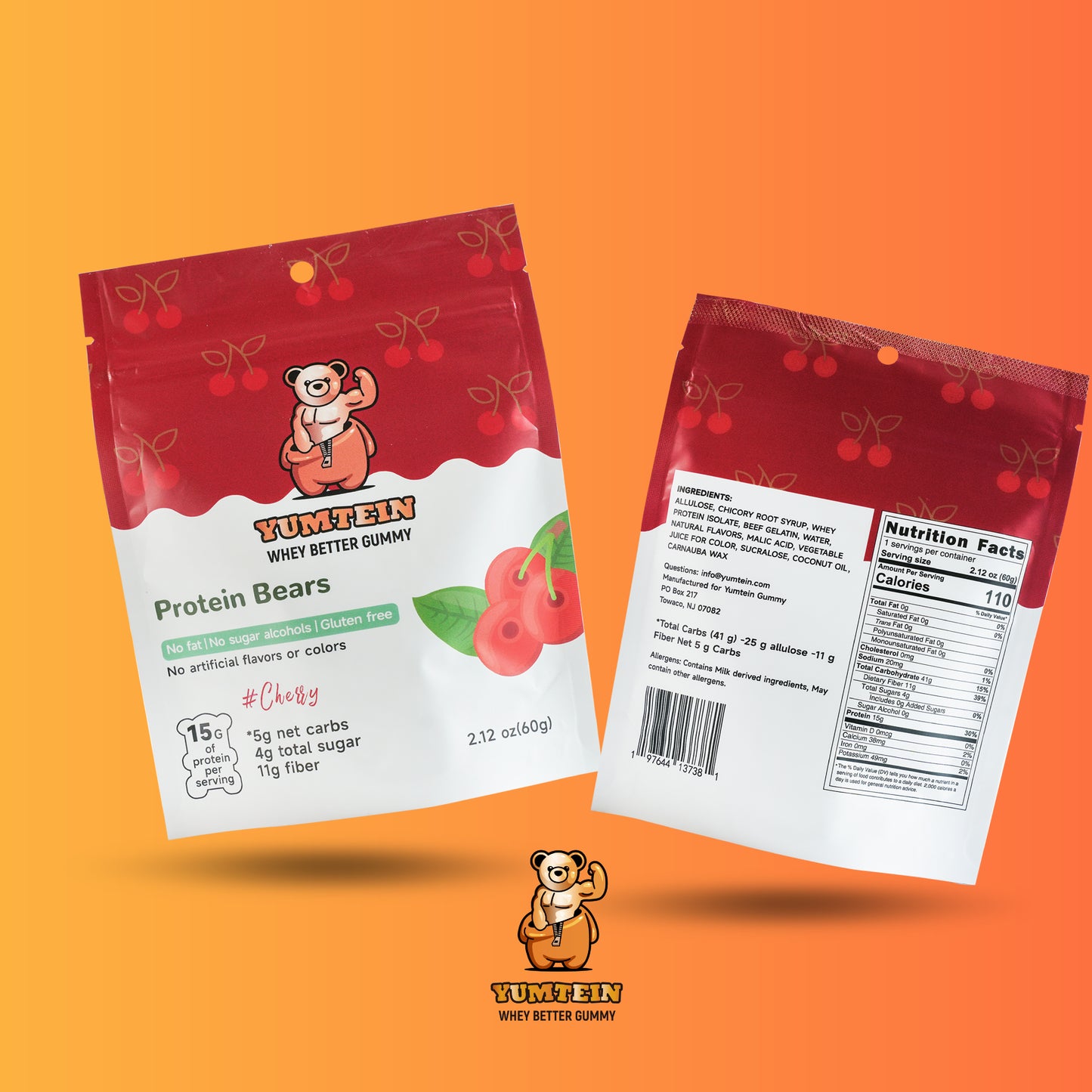 Yumtein Gummy Bears Cherry (6 Pack) High Protein, Low Carbs & Sugar, No Added Sugar, No Artificial Color or Flavors, Gluten Free