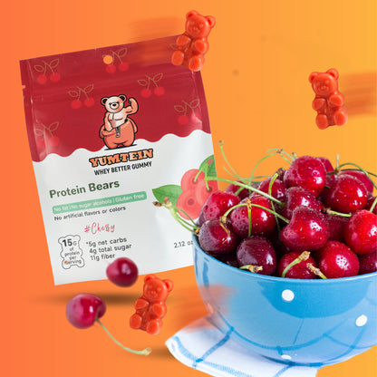 Yumtein Gummy Bears Cherry (6 Pack) High Protein, Low Carbs & Sugar, No Added Sugar, No Artificial Color or Flavors, Gluten Free