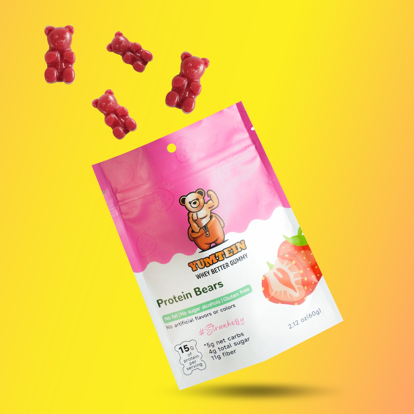 Yumtein Gummy Bears Strawberry (Pack of 6) High Protein, Low Carbs & Sugar, No Added Sugar, No Artificial Color or Flavors, Gluten Free