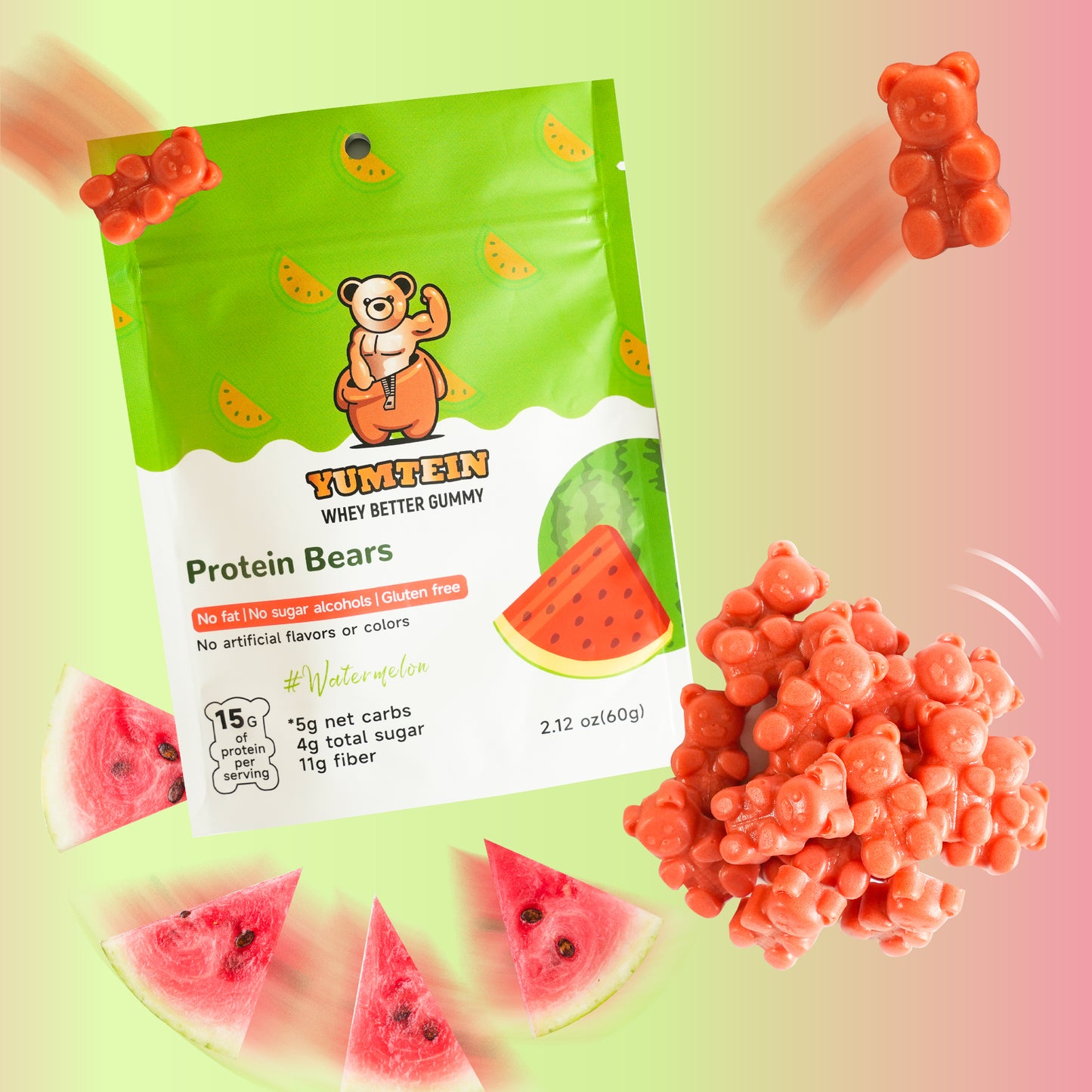 Yumtein Gummy Bears Watermelon (Pack of 6) High Protein, Low Carbs & Sugar, No Added Sugar, No Artificial Color or Flavors, Gluten Free